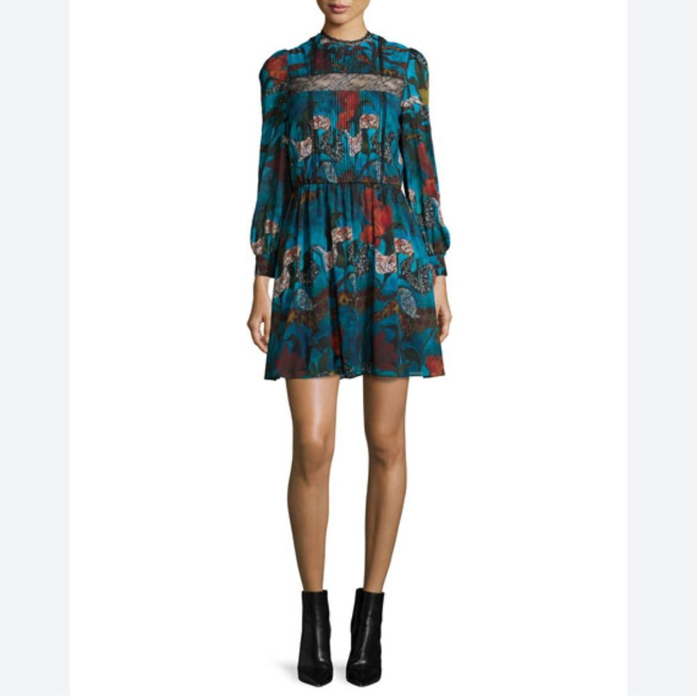 Aimee Long-Sleeve Floral-Print Dress, Blue/Multicolor